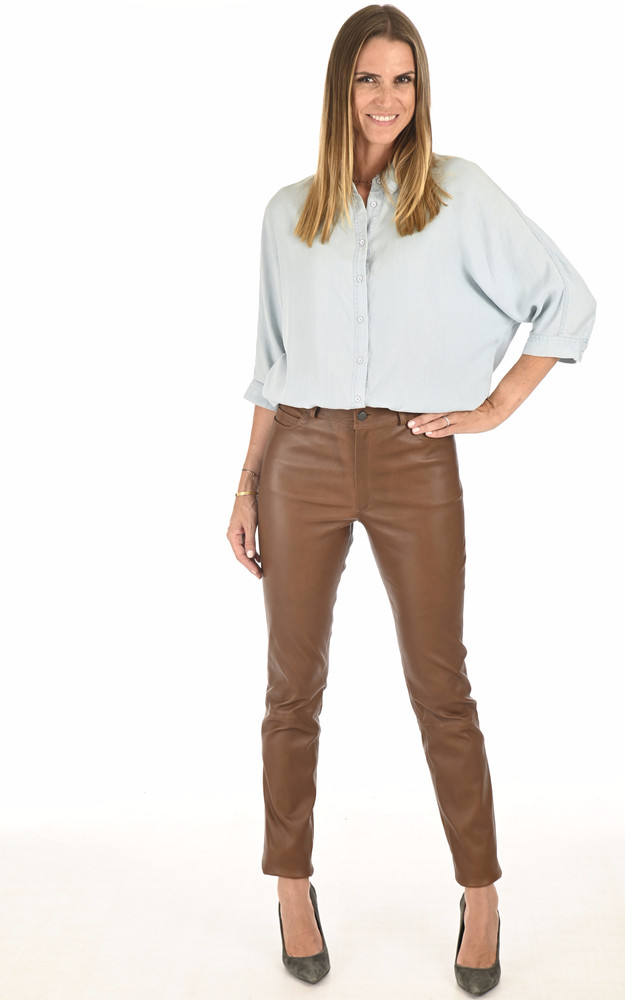 La Canadienne Pantalon Jean Cuir Stretch Cognac