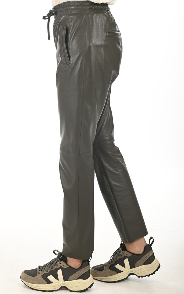 La Canadienne Pantalon Jogpant Cuir Kaki Foncé