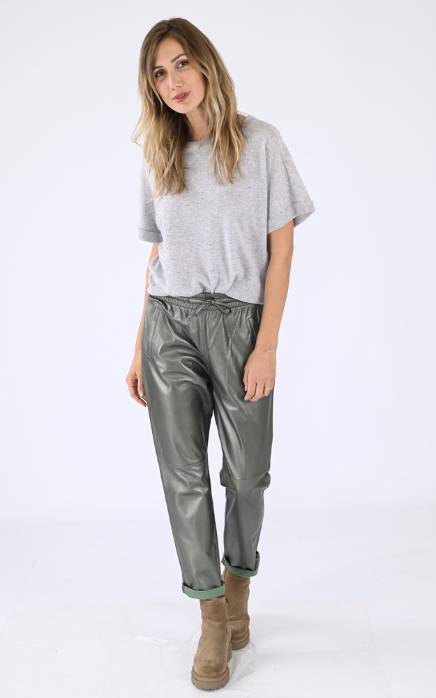 La Canadienne Pantalon Jogpant Cuir Vert Métal