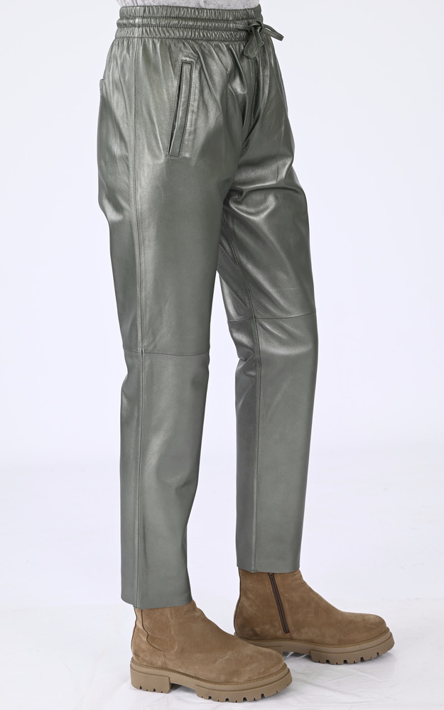La Canadienne Pantalon Jogpant Cuir Vert Métal