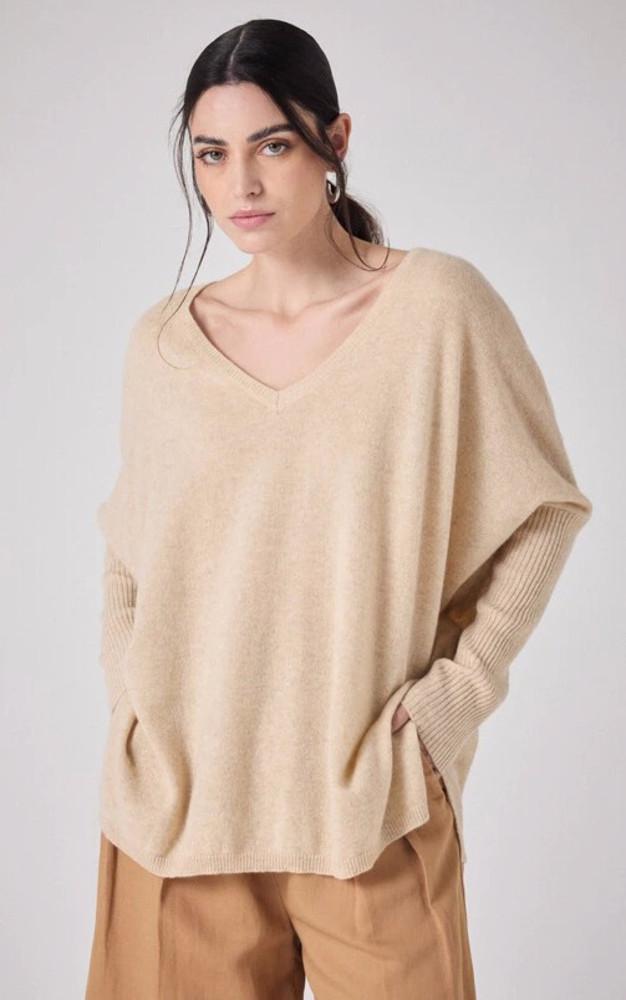 la canadienne Pull col V cachemire beige