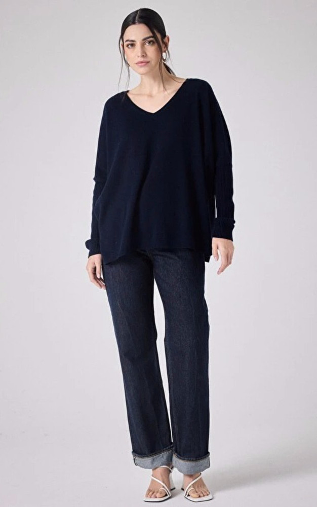 La Canadienne Pull Col V Cachemire Bleu