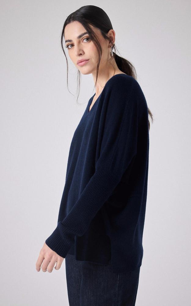 La Canadienne Pull Col V Cachemire Bleu