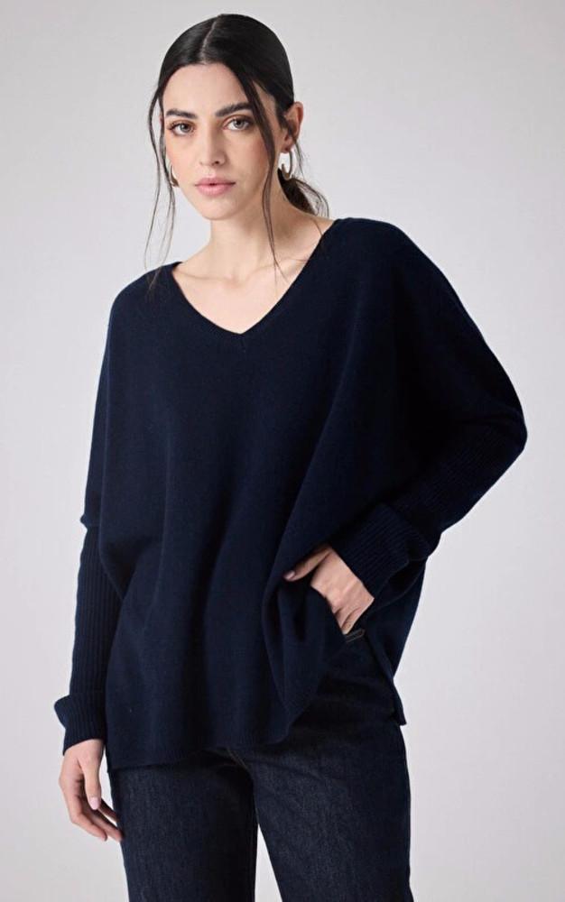 la canadienne Pull col V cachemire bleu