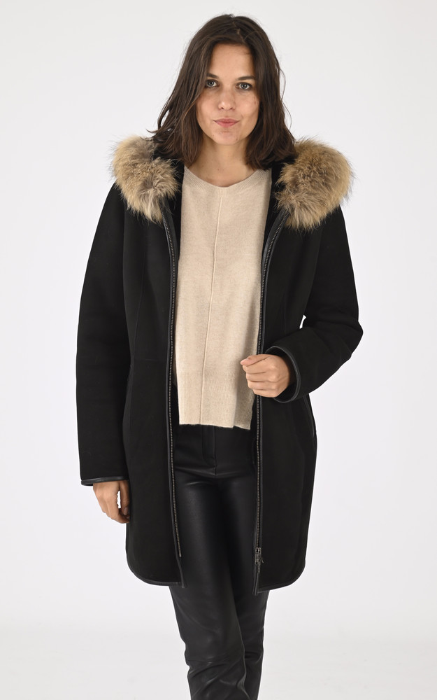 La Canadienne Veste Agneau Et Raccoon Noire