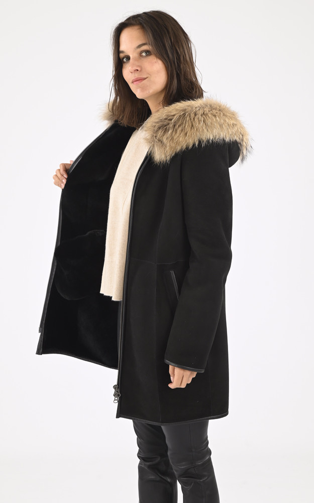 La Canadienne Veste Agneau Et Raccoon Noire