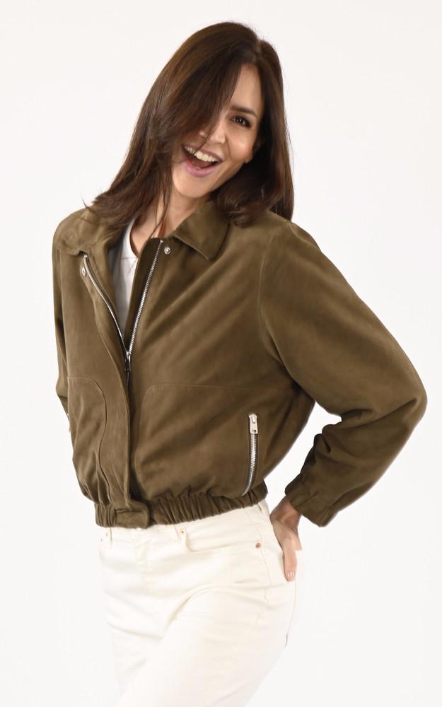 la canadienne Veste cuir velours Clotilde kaki