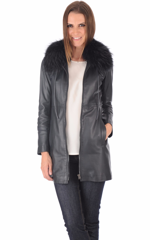 la canadienne Veste Longue Cuir Bordée Fourrure