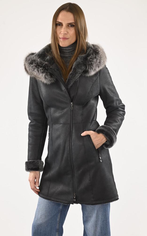 La Canadienne Manteau Ajusté Peau Lainée Capuche Noire