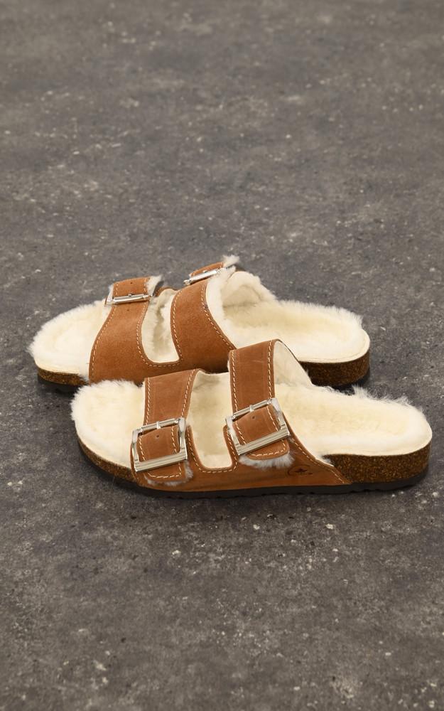 La Canadienne Sandales Fourrées Cuir Et Mouton Camel