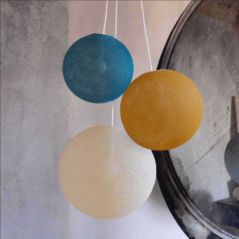 La Case De Cousin Paul Suspension 3 Globes Bleu Paon - Camel - écru