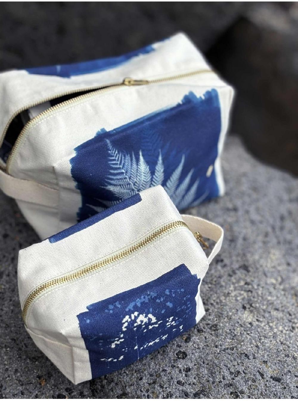 La Cerise Sur Le Gâteaux Grande Trousse Cube Cyanotype Fougère 100% Coton Bio