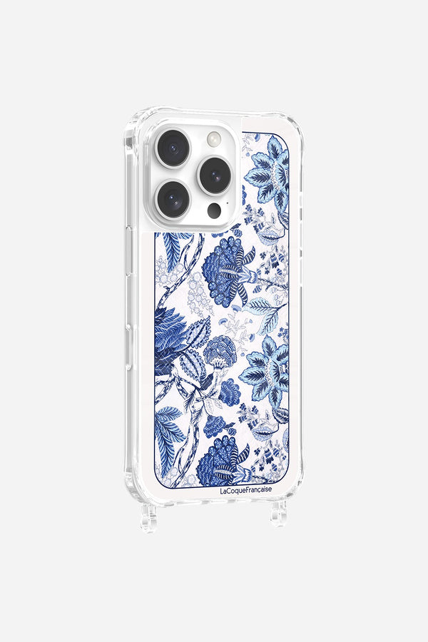 la coque française Coque Anneaux Imprimee Foulard Fleurs Bleues iPhone 16 Pro