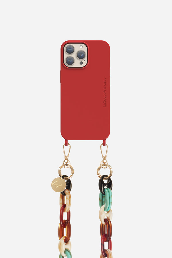 la coque française Ensemble Chaine Ambre et coque bordeaux iPhone 15 Pro