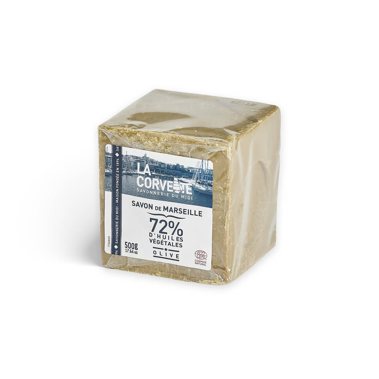 la corvette Cube de Savon de Marseille OLIVE – 500g – Sous film – COSMOS NATURAL
