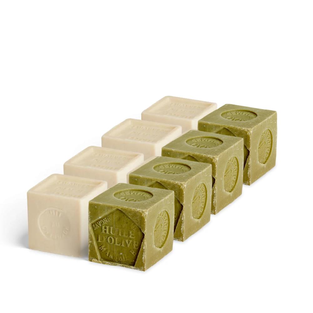 la corvette Cubes de Savon de Marseille OLIVE et EXTRA PUR – Lot 8x300g – Sans emballage – COSMOS NATURAL