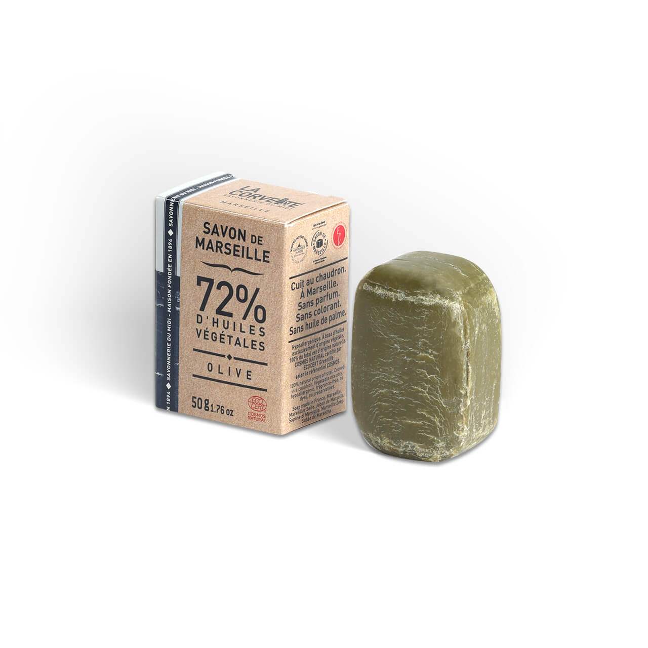 la corvette Galet de savon de Marseille OLIVE – 50g – En boite – COSMOS NATURAL