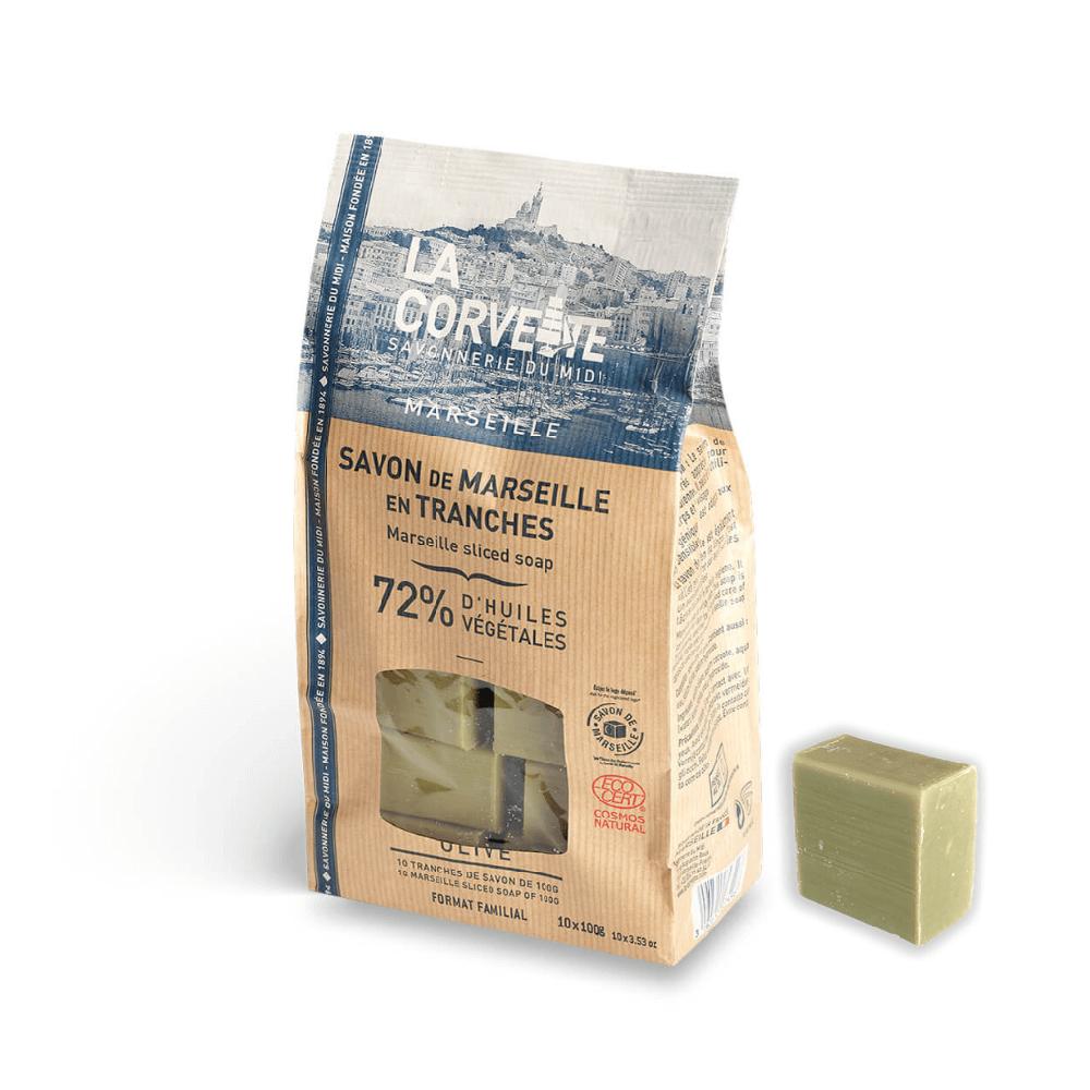 la corvette Savon de Marseille en vrac brut OLIVE – 1 kg (10 x 100g) – COSMOS NATURAL