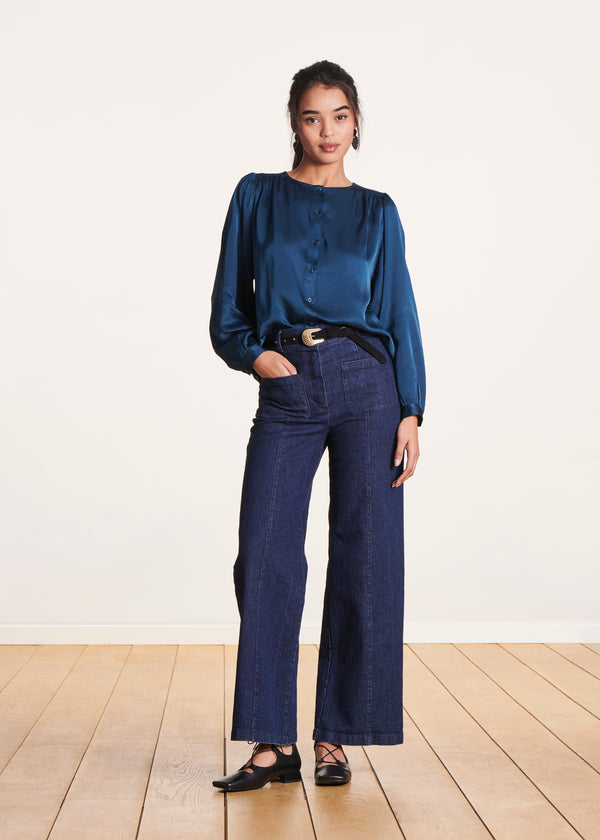 La Fée Maraboutée Chemisier Bleu Pétrole Ample En Satin