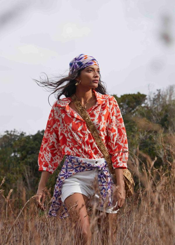 la fée maraboutée Chemisier orange fleuri en voile de coton biologique