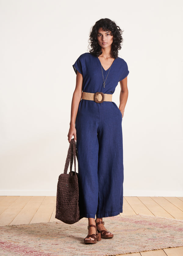 la fée maraboutée Combinaison manches courtes en lin bleu marine la fée maraboutée Combinaison manches courtes en lin bleu marine