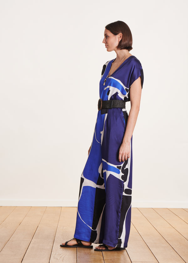 La Fée Maraboutée Combinaison Pantalon Bleue En Viscose/soie Imprimée