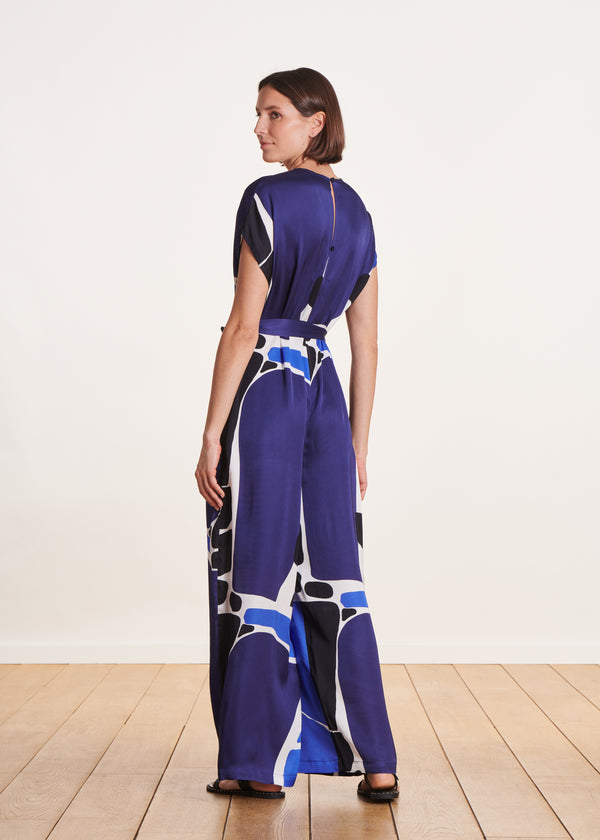 La Fée Maraboutée Combinaison Pantalon Bleue En Viscose/soie Imprimée
