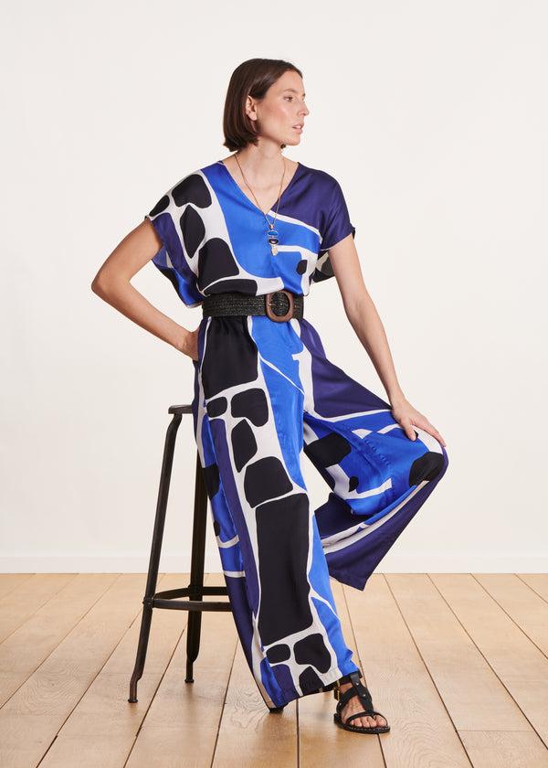 la fée maraboutée Combinaison pantalon bleue en viscose/soie imprimée