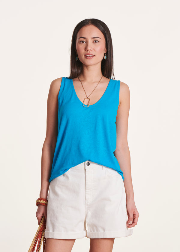 la fée maraboutée Débardeur bleu azur col V en lyocell lin