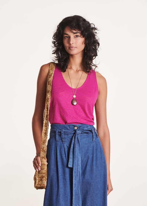 la fée maraboutée Débardeur rose col V en lyocell lin
