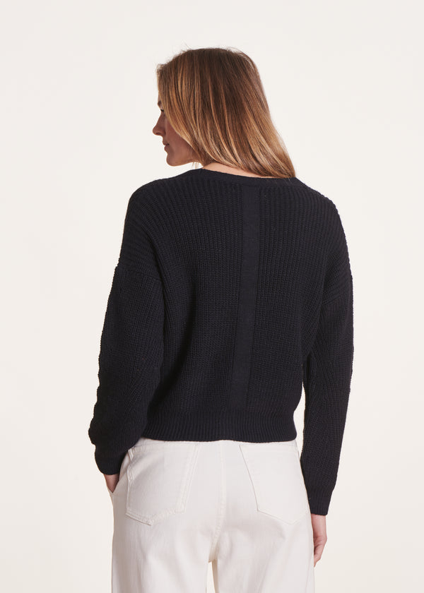La Fée Maraboutée Gilet Bleu Marine Court En Maille Côtes Perlées
