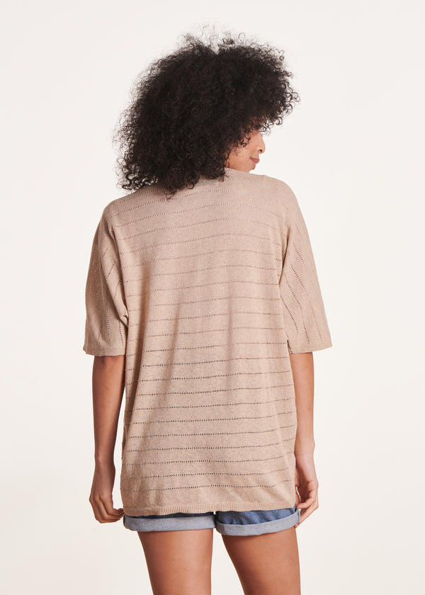 La Fée Maraboutée Gilet Fin Ajouré Beige à Manches Courtes