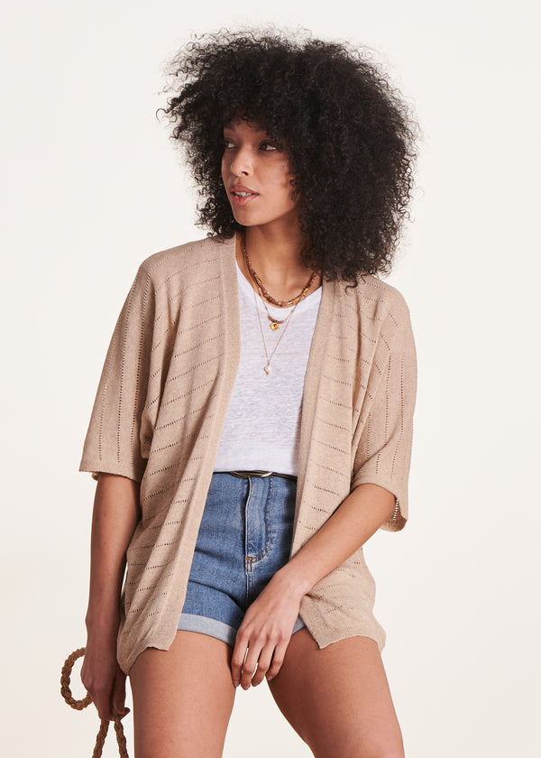 la fée maraboutée Gilet fin ajouré beige à manches courtes