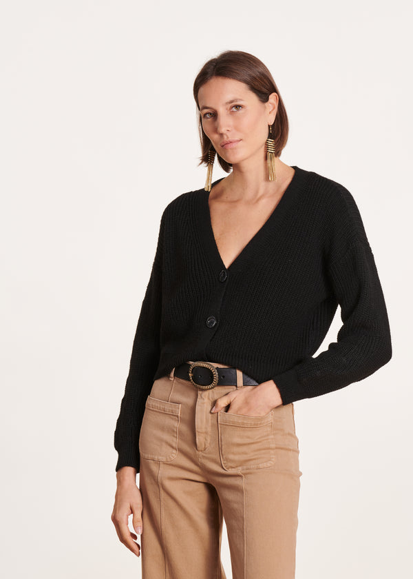 la fée maraboutée Gilet noir court en maille côtes perlées