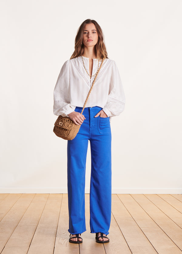 la fée maraboutée Jean flare bleu roi taille haute en coton biologique