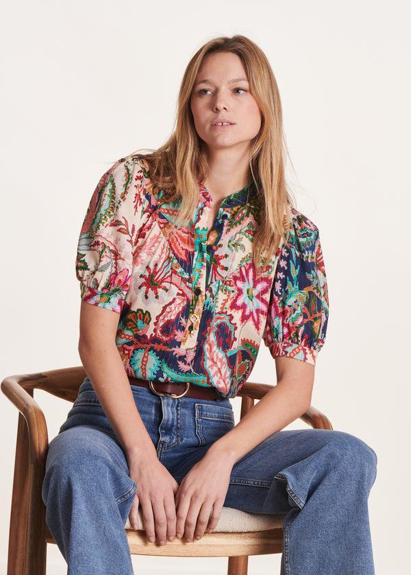 la fée maraboutée Chemisier rose et bleu à imprimé