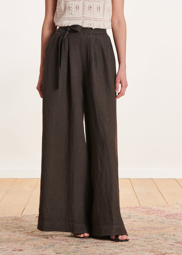 La Fée Maraboutée Pantalon Large Marron En Lin