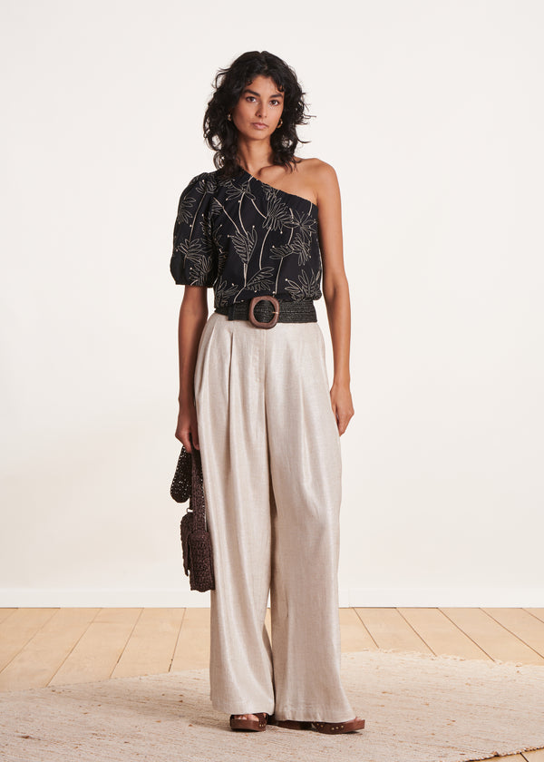 La Fée Maraboutée Pantalon Ample Beige Irisé En Lin Foiled Taille Haute