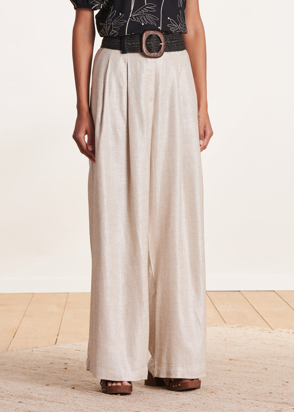 La Fée Maraboutée Pantalon Ample Beige Irisé En Lin Foiled Taille Haute