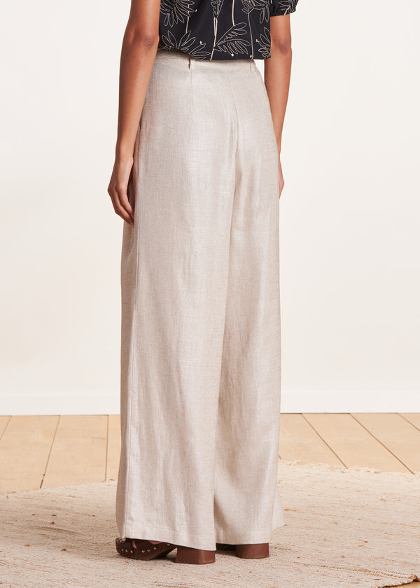 La Fée Maraboutée Pantalon Ample Beige Irisé En Lin Foiled Taille Haute