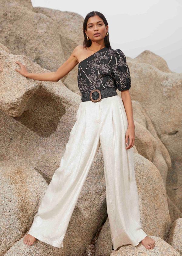 la fée maraboutée Pantalon ample beige irisé en lin foiled taille haute