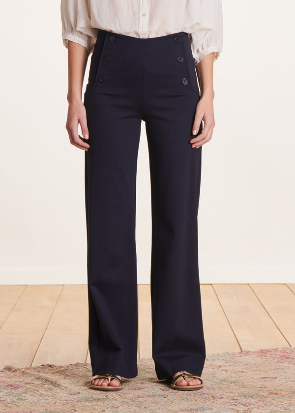 La Fée Maraboutée Pantalon Bleu Foncé Large En Jersey Taille Haute