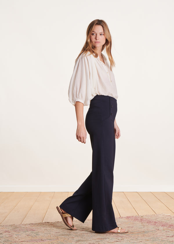 la fée maraboutée Pantalon bleu foncé large en jersey taille haute