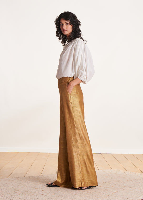 La Fée Maraboutée Pantalon Bronze à Taille Haute En Lin Foiled