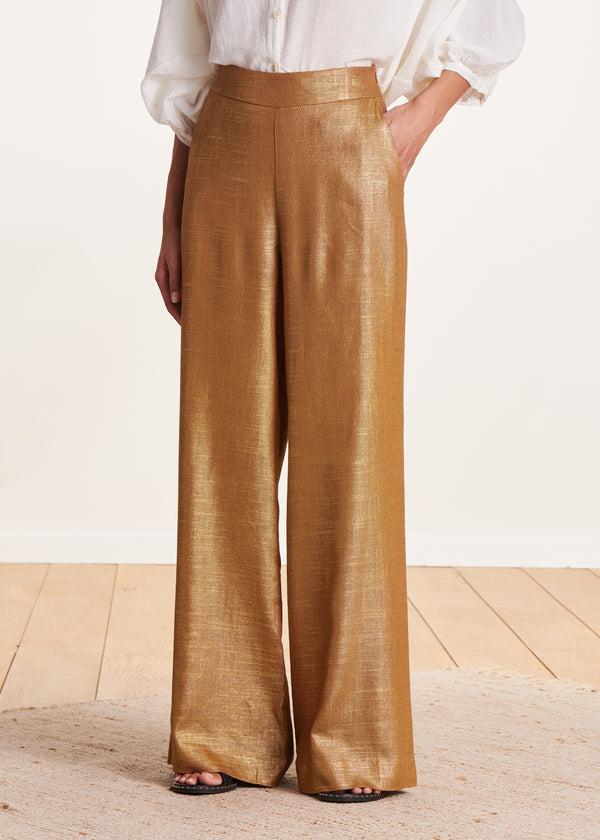 La Fée Maraboutée Pantalon Bronze à Taille Haute En Lin Foiled