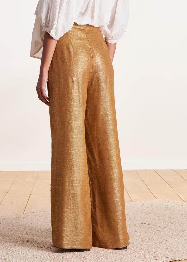 La Fée Maraboutée Pantalon Bronze à Taille Haute En Lin Foiled