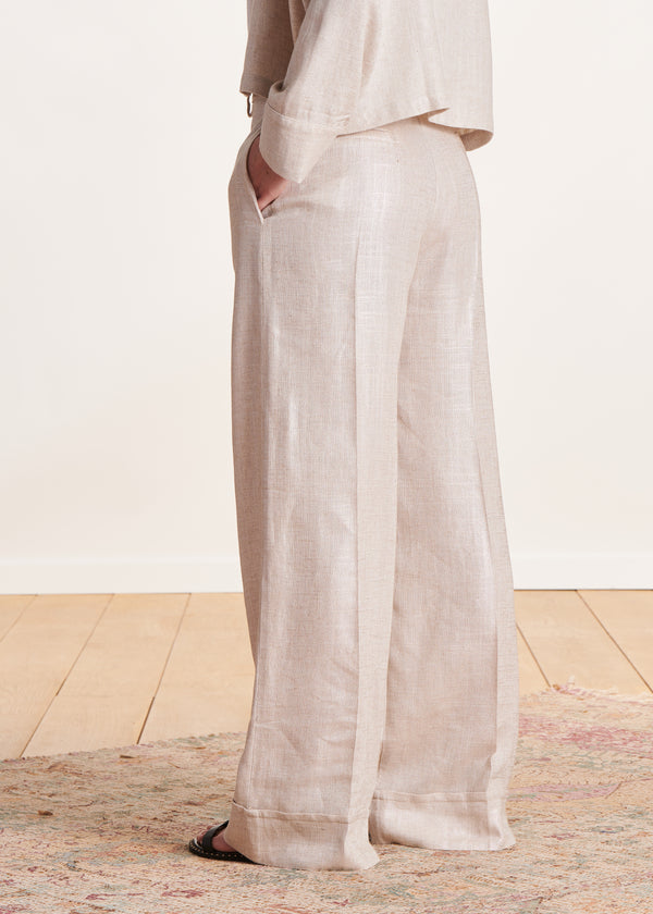 La Fée Maraboutée Pantalon Droit Habillé Beige En Lin Irisé