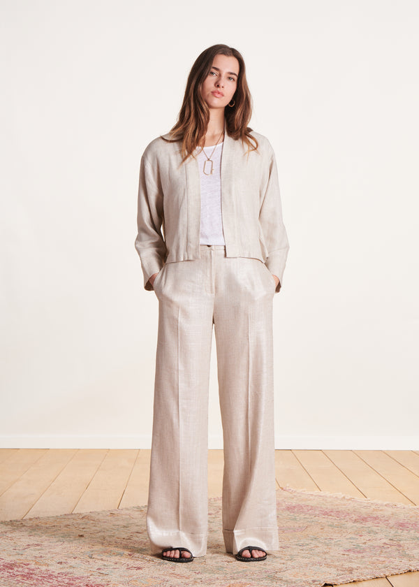 la fée maraboutée Pantalon droit habillé beige en lin irisé