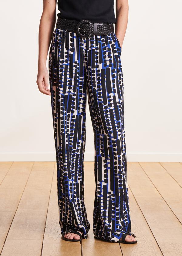 La Fée Maraboutée Pantalon Fluide Bleu à Imprimé Taille élastique