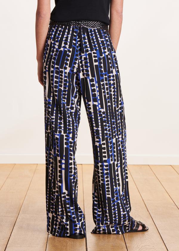 La Fée Maraboutée Pantalon Fluide Bleu à Imprimé Taille élastique
